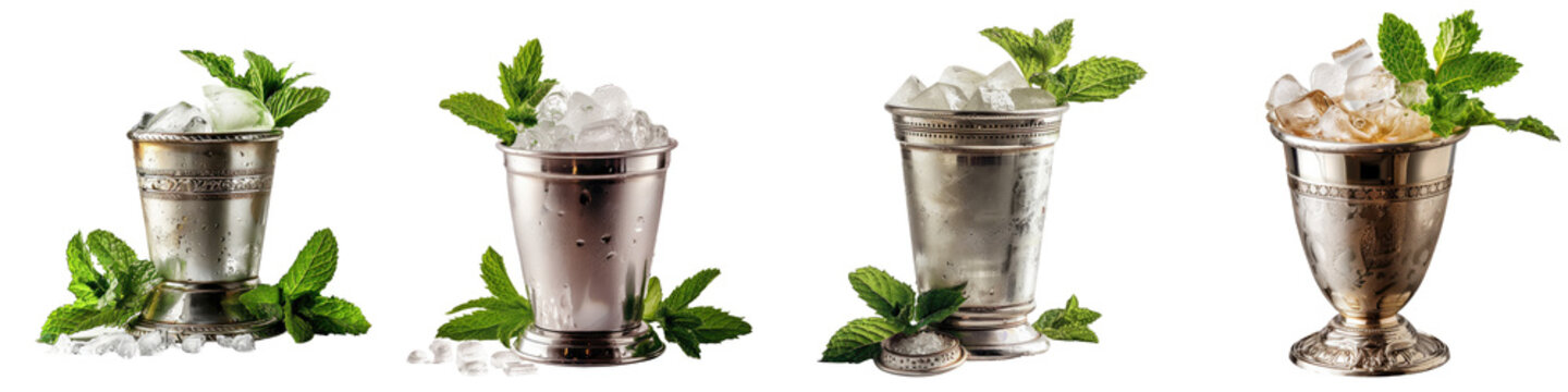 Mint julep cocktail - Refreshing mint julep cocktail served in a silver cup with fresh mint leaves and crushed ice isolated on a transparent background - Crisp and elegant, showcasing the classic Sout