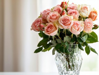 A detailed image of a bouquet of roses in a crystal vase, with droplets of water on the petals and the soft light of a nearby window illuminating the scene