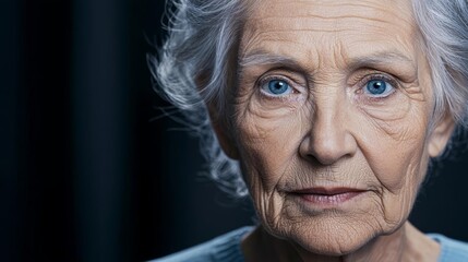 A close-up portrait of an elderly woman with deep wrinkles, silver hair, and piercing blue eyes, under soft daylight