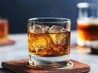A detailed image of a glass of whiskey with ice, the amber liquid catching the light, and a wooden bar top with vintage coasters