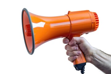 A person holds an orange megaphone against a white background, perfect for protests, rallies, or promotional events