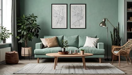 Stylish Scandinavian Living Room Mint Sofa, Chic Furnishings & Elegant Decor Ideas
