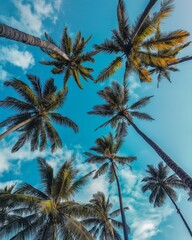 Majestic Palm Trees Under a Vibrant Blue Sky with Puffy Clouds