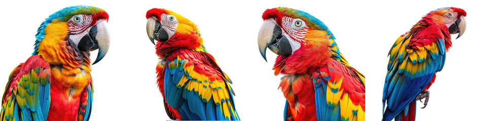 Obraz premium Colorful parrot perched on a branch isolated on a transparent background - Showcasing its vibrant plumage with a range of bright colors, distinctive beak, and expressive eyes - Clean and detailed comp
