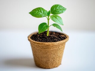 Naklejka premium A close-up of a small potted plant in a biodegradable container, set against a white backdrop, representing eco-friendly gardening practices.