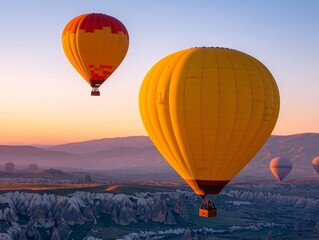 Obraz premium A serene morning scene of hot air balloons rising over the valleys of Cappadocia, Turkey, with the sun just beginning to rise over the horizon