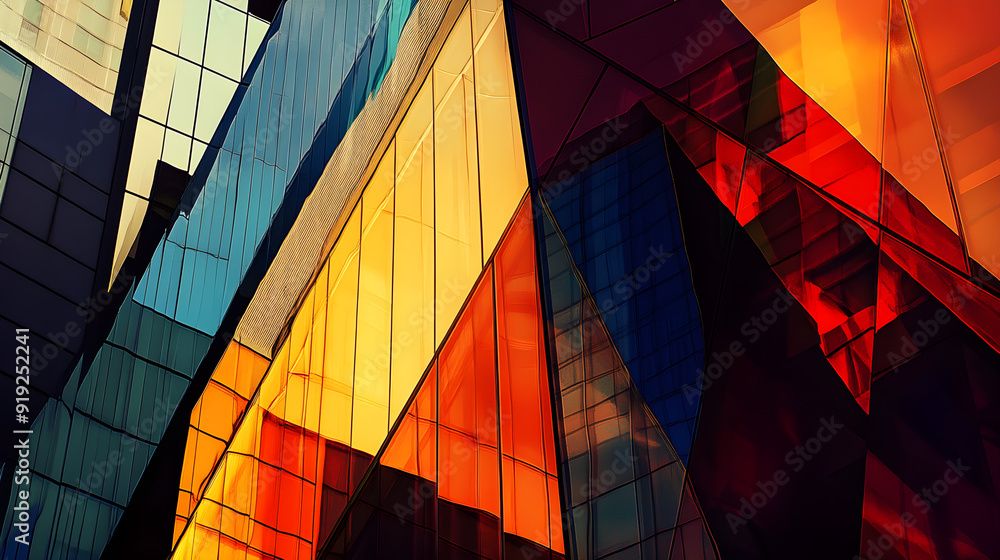 Poster abstract geometric shapes create a vibrant play of light and color resembling modern skyscrapers wit