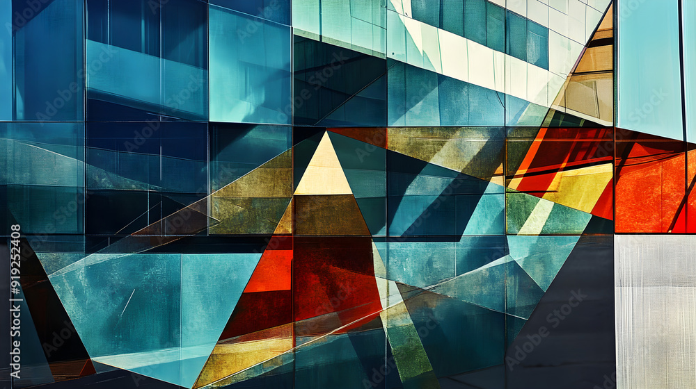 Poster abstract geometric shapes showcase vibrant colors and reflections reminiscent of a modern skyscraper