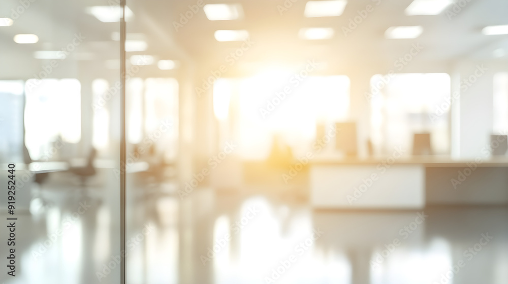 Poster a blurred modern open space office background with soft sunlight illuminating the room creating a wa