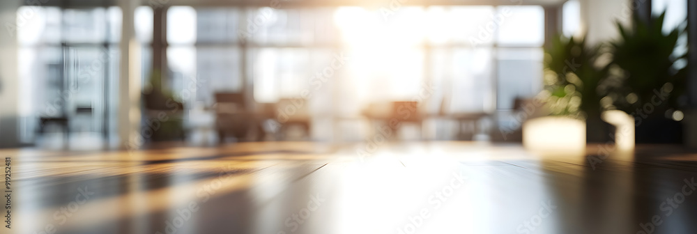 Poster a modern open space office with a blurred foreground and sunlight streaming through large windows cr