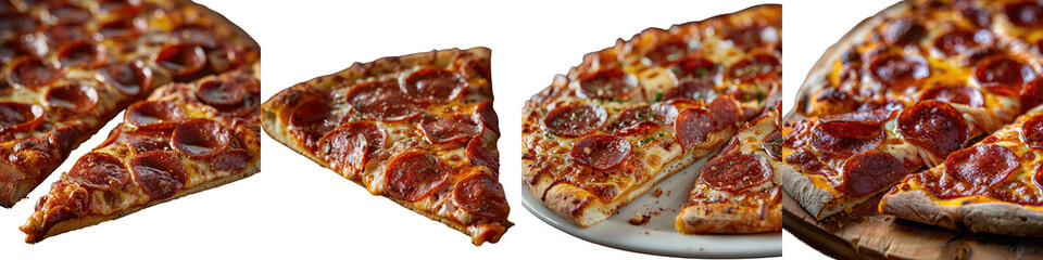 A slice of pepperoni pizza with a generous layer of pepperoni slices - The pizza crust is golden and crispy with melted cheese bubbling around the pepperoni - Bright, natural lighting to highlight the