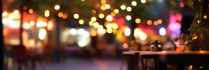 A blurred street scene showcases a summer restaurant adorned with warm bokeh lights, creating a cozy and inviting atmosphere