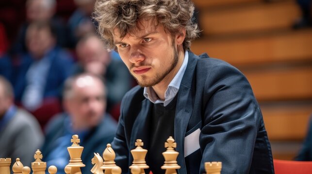A focused chess player analyzes the board during a competitive match, showcasing concentration and strategic gameplay.