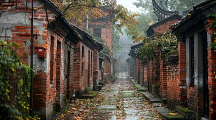 Fototapeta premium Quiet autumn pathway through an old brick village in the misty morning