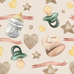 Watercolor pattern featuring baby essentials like bottles, pacifiers, beige hearts, stars, and ribbons on a beige background. This charming and delicate design is ideal for baby products