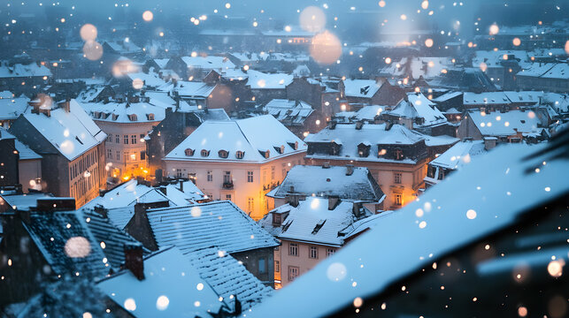 City rooftops blanketed in soft snow create a winter wonderland scene, illuminated by warm lights amidst falling snowflakes enhancing the peaceful atmosphere
