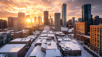 A stunning urban skyline showcases snow-covered rooftops under a vibrant sunset, casting warm gold hues over modern buildings and a serene winter landscape