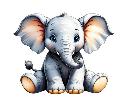 A cute baby elephant cartoon animal sitting isolated on a transparent background