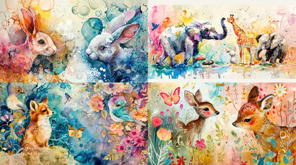 Watercolor whimsical texture on cute animals in playful settings, joyful interactions, and colorful backgrounds 