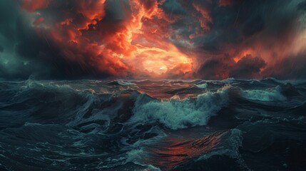 Fototapeta premium Dramatic sunset over turbulent ocean waves during a stormy evening
