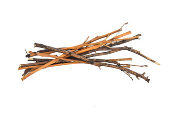 Dry branches, twigs isPine needles. Fallen dry twigs on ground. Forest floor spring season change. Dry pine needles are a fire hazard. Dried brittle needles areolated on white background, 