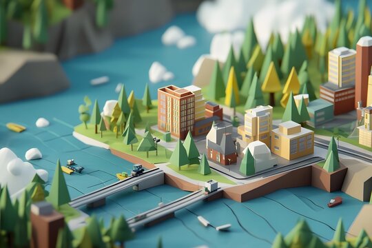 Low Poly Cityscape with River and Bridge
