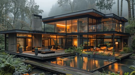 Modern home with reflective pond and forest surroundings. Modern home with extensive glass walls, a reflective pond, and surrounded by a misty forest, creating a tranquil atmosphere.