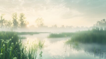 Fototapeta premium Early morning mist over a pure wetland, soft sunlight enhancing the natural purity