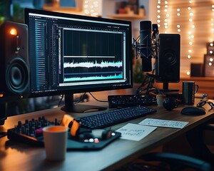 A computer monitor on a desk displays a timeline of video clips being arranged.