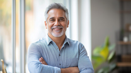 Obraz premium Handsome smiling confident hispanic senior man with crossed arms looking aside. Indian or latin successful mature middle age leader male businessman, business investor in office. Banner, copy space