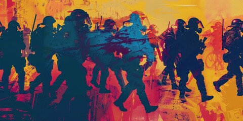 Obraz premium Silhouettes of police officers in riot gear.
