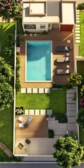 Aerial View of a Modern House with a Swimming Pool and Garden