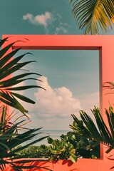 Naklejka premium Palm Leaves Frame Ocean View With Blue Sky And Clouds