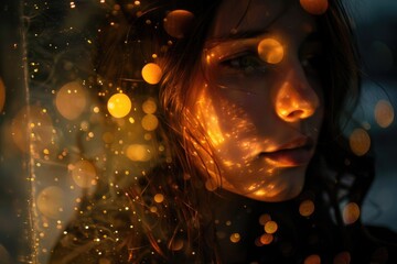 Portrait of a woman's face lit from behind by warm lights