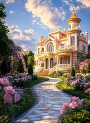 Stone Path Leading to a Pink Mansion