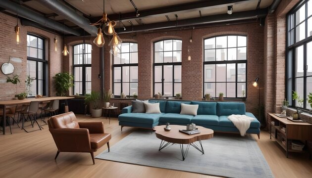A well-furnished living room with a large grey sectional sofa and a wooden coffee table, brightened by sunlight streaming through multiple large windows, showcasing a chic indus