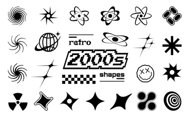Trendy set of Y2k elements for graphic design. Geometric brutalshapes, retro graphic elements. Stars, shapes, symbols in y2k style.
