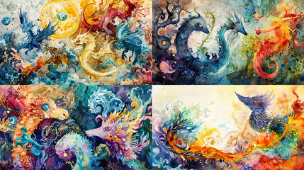 Whimsical texture in watercolor of mythical creatures and fantastical beasts, vibrant colors, and whimsical landscapes 