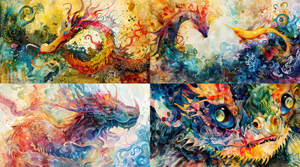 Whimsical texture in watercolor of mythical creatures and fantastical beasts, vibrant colors, and whimsical landscapes 