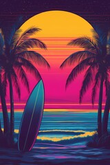 A surfboard sits on a sandy beach at sunset with palm trees and a bright orange sun in the sky.