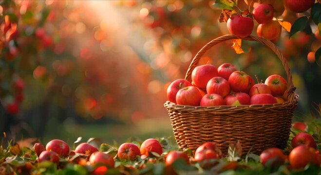 Close-up of a wicker basket with apples on a background of autumn leaves, warm sunlight.