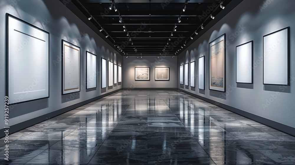 Poster modern art gallery featuring empty frames with polished floor and soft lighting