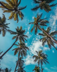 Palm Trees Stretching Towards a Bright Blue Sky with Fluffy Clouds