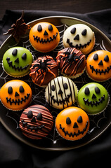 Obraz premium A festive dessert collection of colorful Halloween themed mini cupcakes decorated with Jack-O'-Lantern faces, perfect for celebrating Halloween parties. Vertical, top view.