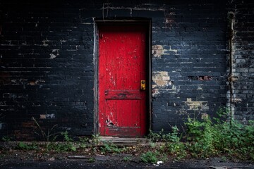 A single red door standing out on a dark, abandoned building. 