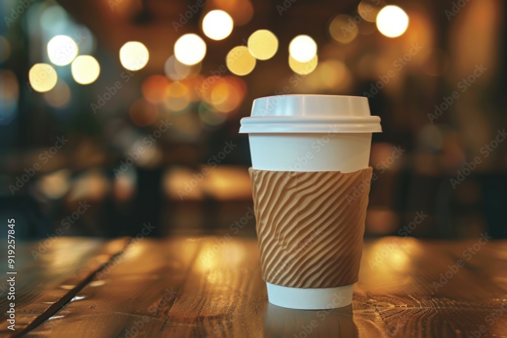 Canvas Prints A single coffee cup sits on top of a wooden table, ready for use