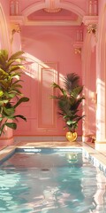 Fototapeta premium Pink Indoor Pool With Palm Trees