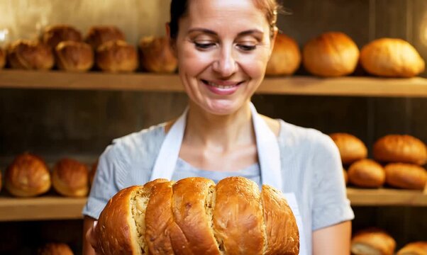 Portrait video of a joyful female baker with freshly baked bread in charming bakery