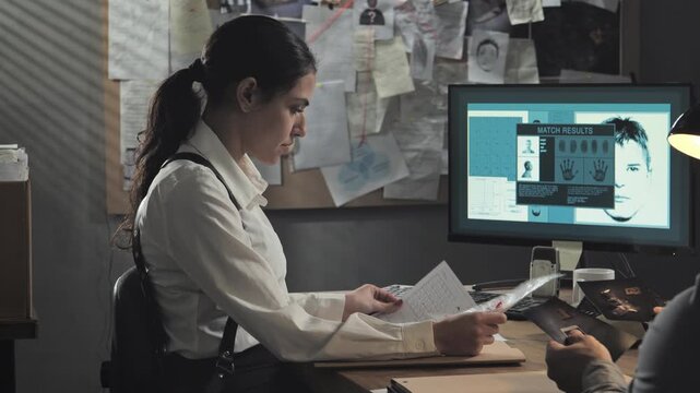 two detectives sit at the desk in office examining murder evidences,police investigator couple working on criminal case searching browsing photos and files of the crime investigation 
