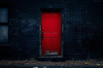 A single red door standing out on a dark, abandoned building. 